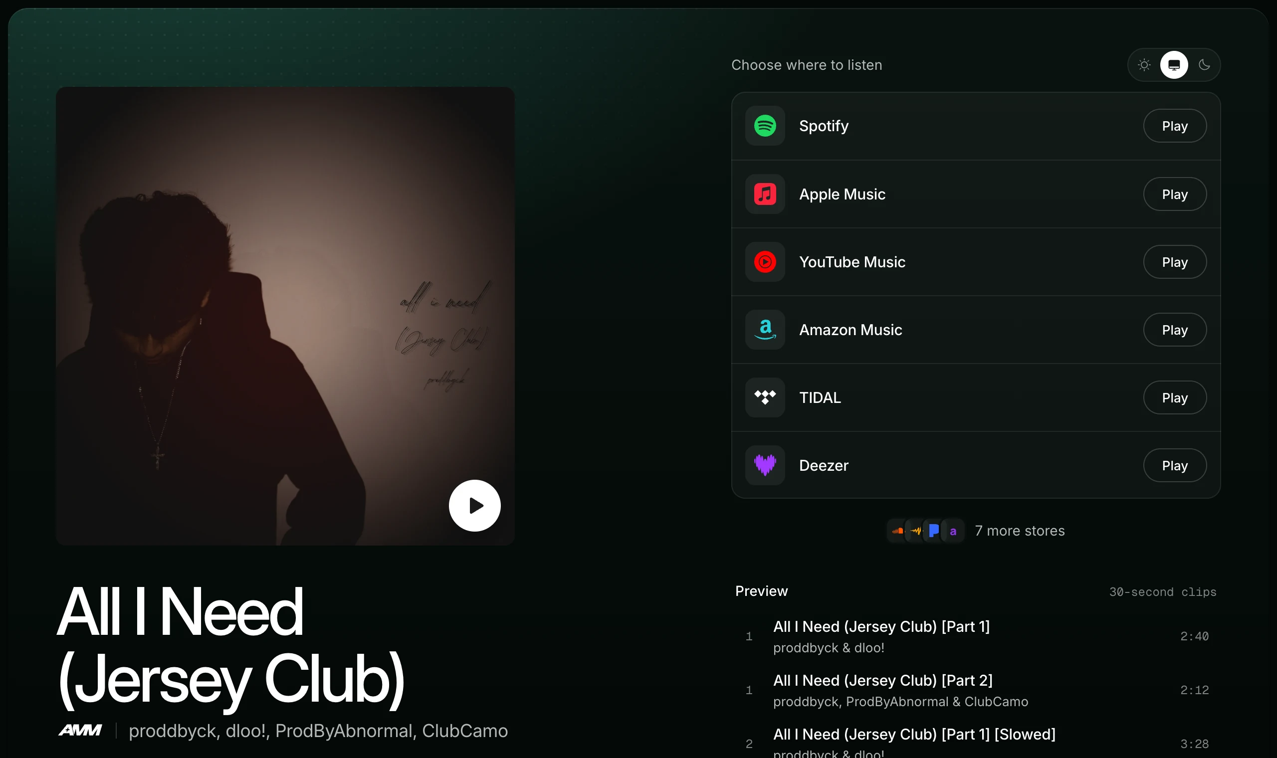 The anthm.link page for All I Need (Jersey Club): artwork, every store with a Play button, and track previews